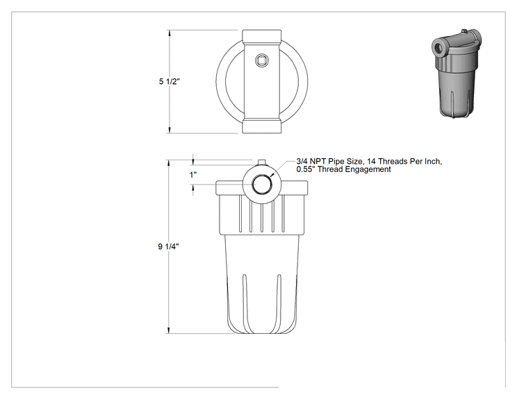 Teknik Çizim - Şeffaf Vakuma Dayanıklı Hava Giriş Filtresi, 3/4 NPT Dişi, 14.7 PSI'da 4 scfm Maksimum Akış Hızı