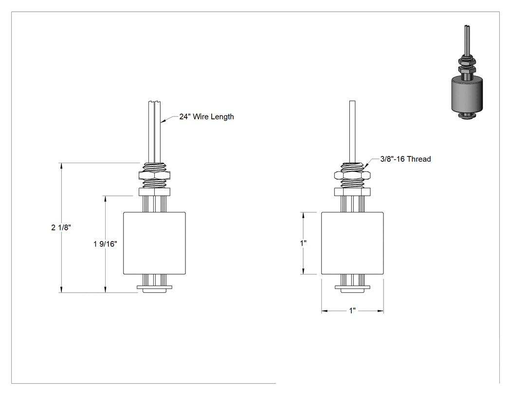 Teknik Çizim - Dikey Montajlı Şamandıra Anahtarı, Su için, Duvar İçi, 3/8" Çaplı Delik için