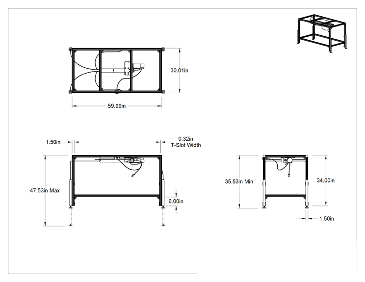 Teknik Çizim - T-Yivli Çerçeve Tabanı, 1.5 inç Tek Ray, 60" Uzunluk x 30" Genişlik, 35.5 inç ila 47.5 inç Ayarlanabilir Yükseklik