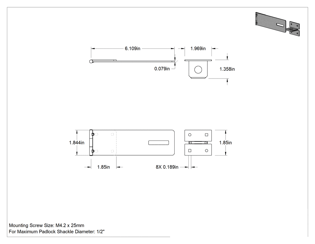 Teknik Çizim - Asma Kilitli Mandal, 6-1/8" x 1-7/8" x 1/16" Kollu, Çinko Kaplı Çelik