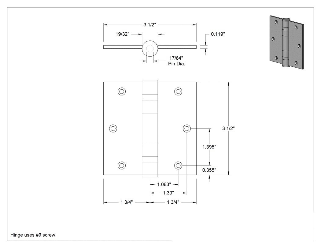 Teknik Çizim - Gömme Montajlı Giriş Kapısı Şablonu Menteşesi, Mat Pirinç Kaplamalı Çelik, 3-1/2" x 1-3/4" Kapı Kanadı