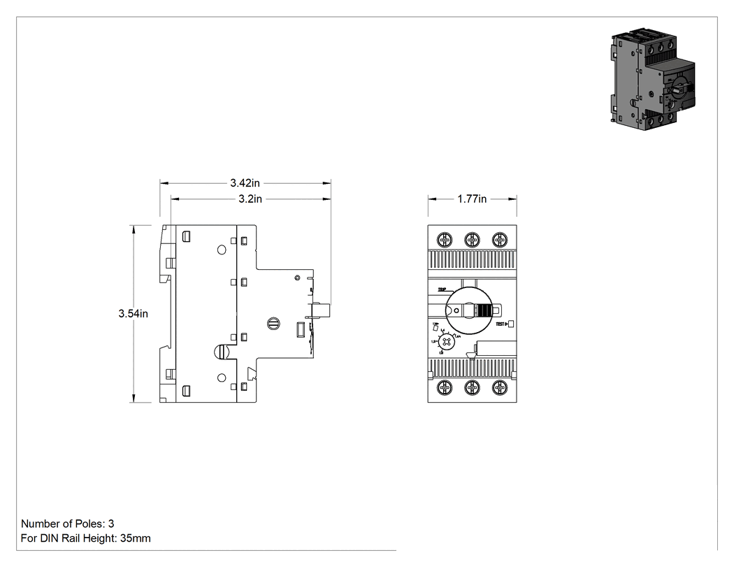 Teknik Çizim - Manuel Motor Yol Vericisi, 1-1.6 A Aşırı Yük Akımı