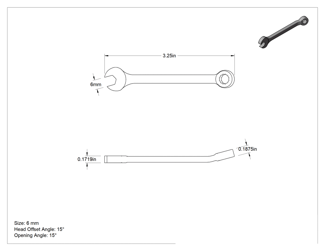 Teknik Çizim - Kısa Kombine Anahtar, 12 Noktalı Açıklıklı, 6 mm Boyut, 3-1/4" Toplam Uzunluk
