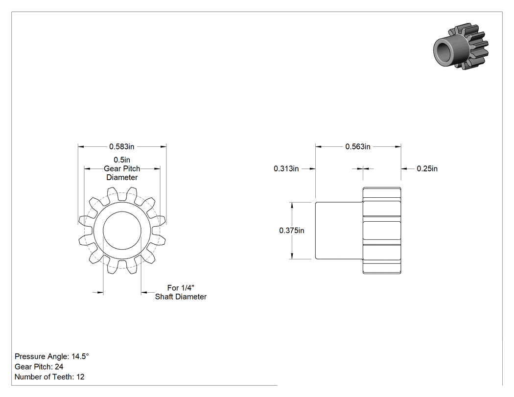 Teknik Çizim - Metal Dişli - 14-1/2 Derece Basınç Açısı, Yuvarlak Delik, 24 Adım, 12 Sertleştirilmiş Diş