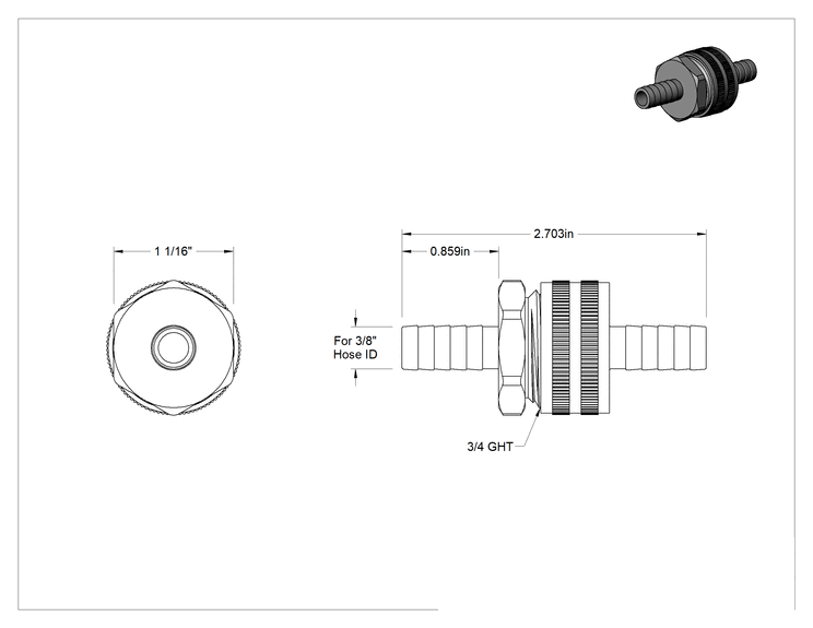 Teknik Çizim - İçme Suyu için Pirinç Bahçe Hortumu Bağlantısı, Düz Erkek Konektör, 3/8" iç çaplı dikenli hortum için