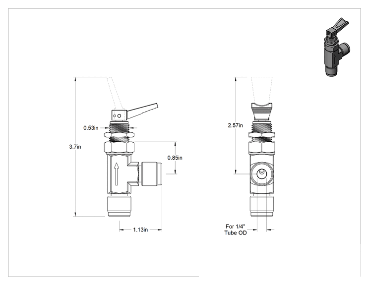 Teknik Çizim - Hızlı Etkili Panel Montajlı Açma/Kapama Vanası, Pirinç Dirsek Gövde, 1/4" Dış Çaplı Boru için Yor-Lok Bağlantı Parçası
