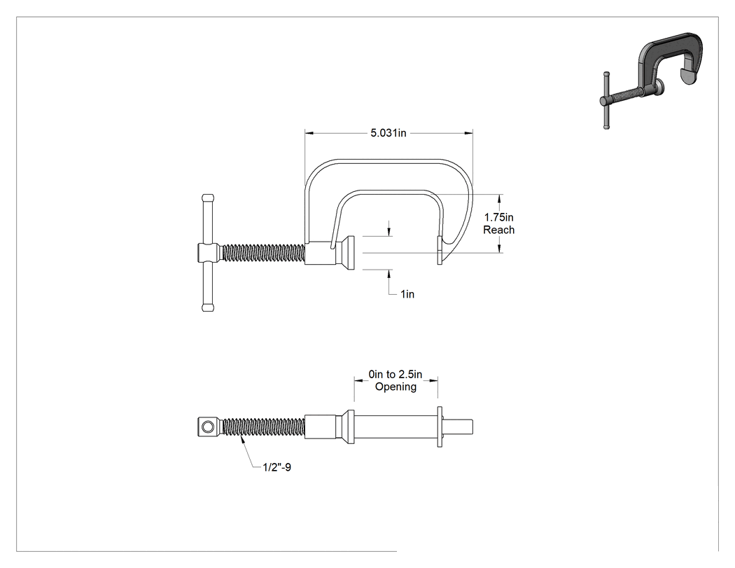 Teknik Çizim - C-Kelepçe, Demir, Kayan T-Kolu, 0" ila 2-1/2" Açıklık