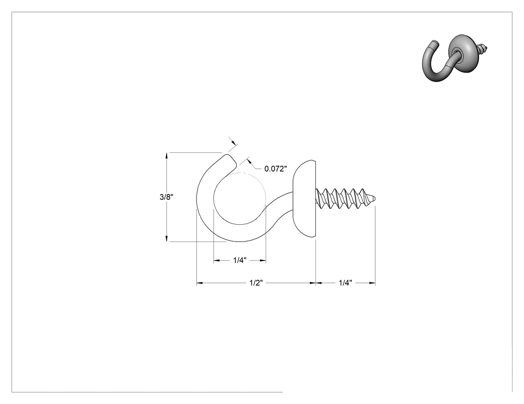 Teknik Çizim - Vidalı Asma Kancası, Duvar ve Alt Montaj, 0.07" Tel Çapı, 1/2" Çıkıntı
