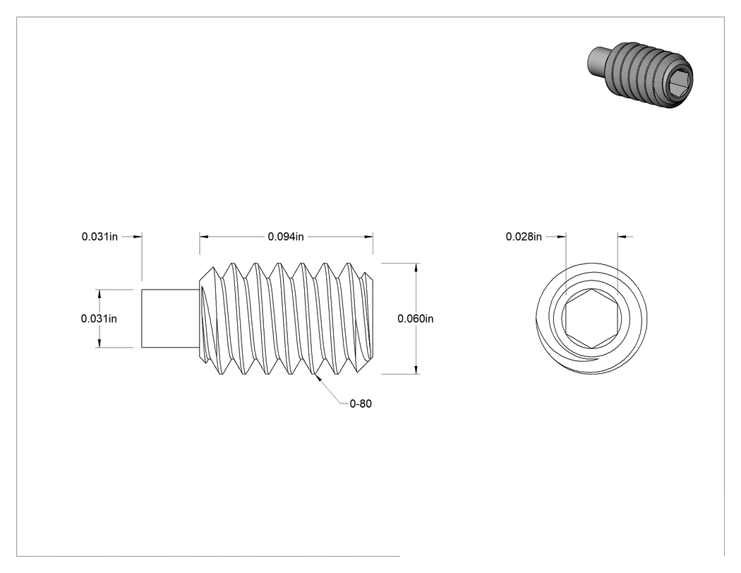 Teknik Çizim - Naylon Uçlu 18-8 Paslanmaz Çelik Setskur, 0-80 Diş Boyutu, 3/32" Uzunluk