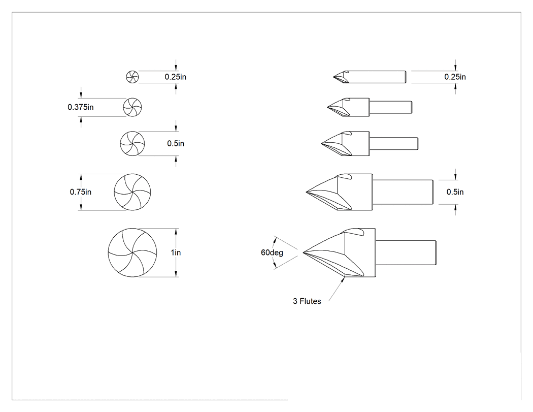Teknik Çizim - 3 Kanallı Yüksek Hızlı Çelik Havşa Açma Seti, Torna Merkezleri için, 5 Parça