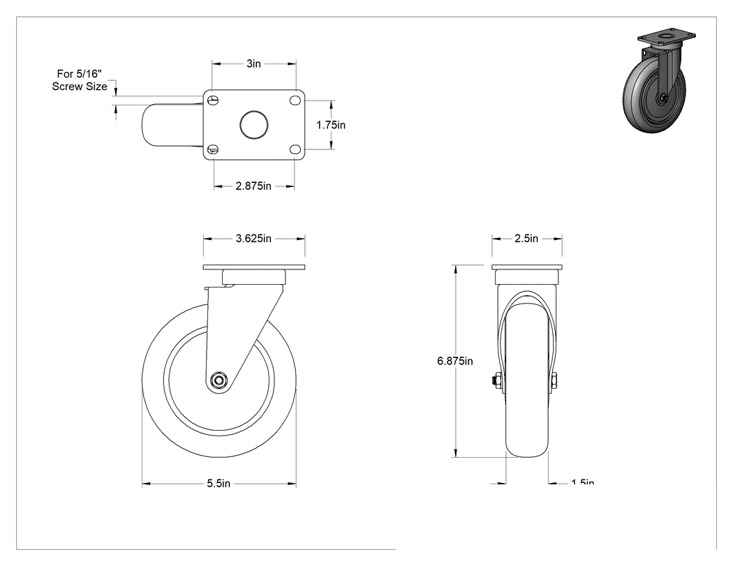 Teknik Çizim - Creston Tekerlek, 5-1/2" Çaplı 60A Durometreli Kauçuk Tekerlekli Döner