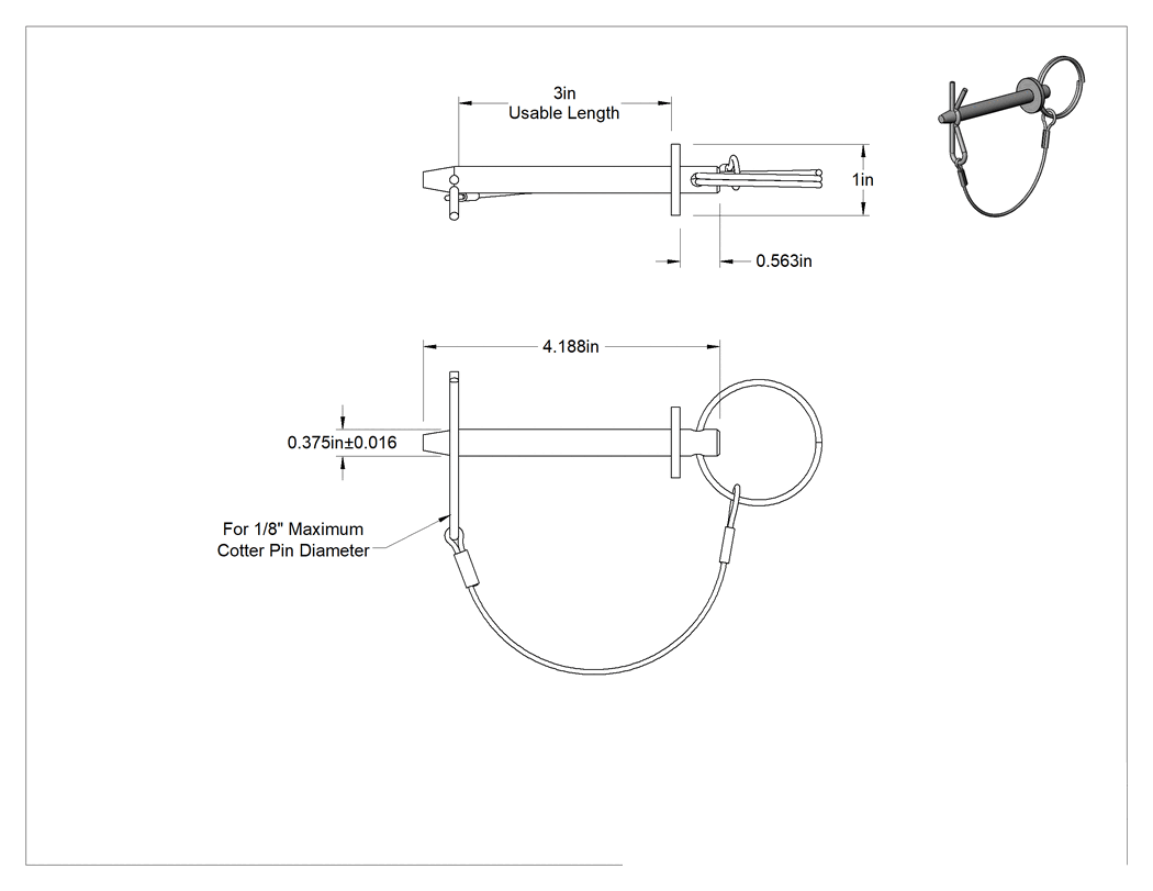Teknik Çizim - Halka Tutmalı Çatal Pim, Bağlı Tutucu, 316 Paslanmaz Çelik, 3/8" Çap, 3" Kullanılabilir Uzunluk