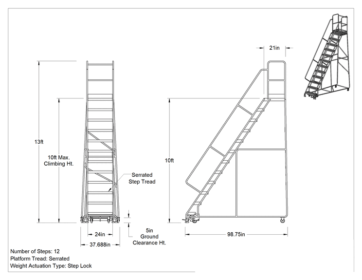 Teknik Çizim - Hafif Alüminyum Tekerlekli Platform Merdiveni, Tırtıklı Basamaklar, 13'6" Yükseklik x 38" Genişlik x 99" Derinlik Toplam