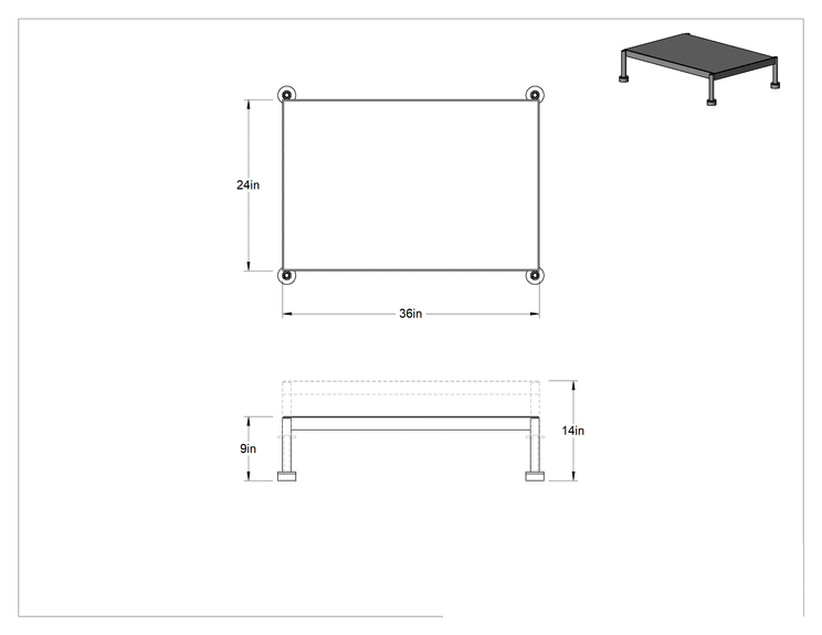 Teknik Çizim - Yorgunluk Önleyici Çalışma Platformu, 9"-14" Yükseklik x 36" Genişlik x 24" Derinlik Toplam