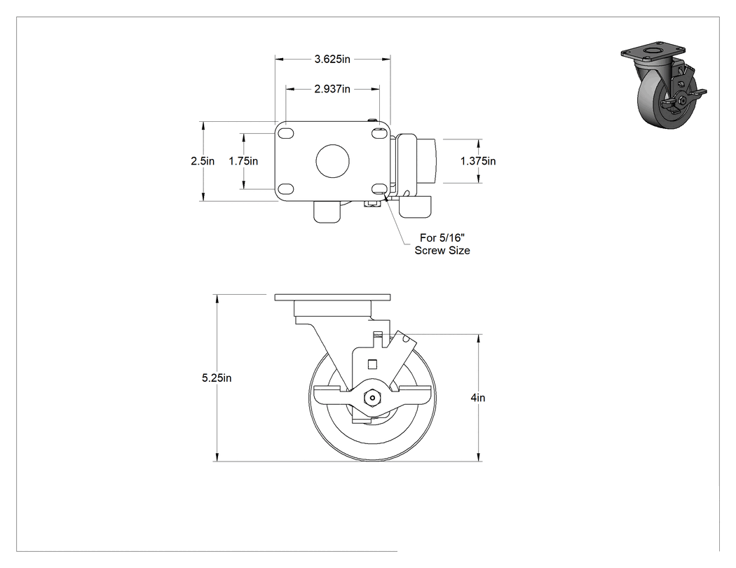 Teknik Çizim - Paslanma ve Aşınmaya Dayanıklı Tekerlek, Yüz Frenli ve 4" Çapında Kauçuk Tekerlekli Döner Tekerlek