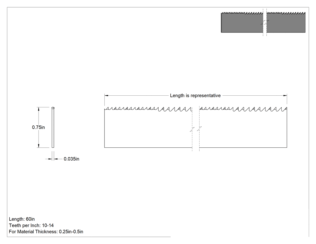Teknik Çizim - Titreşim Sönümleyici Uzun Ömürlü Şerit Testere Bıçağı, 3/4" Genişlik x 0.035" Kalınlık, 60 inç Uzunluk, 10-14 Diş/İnç