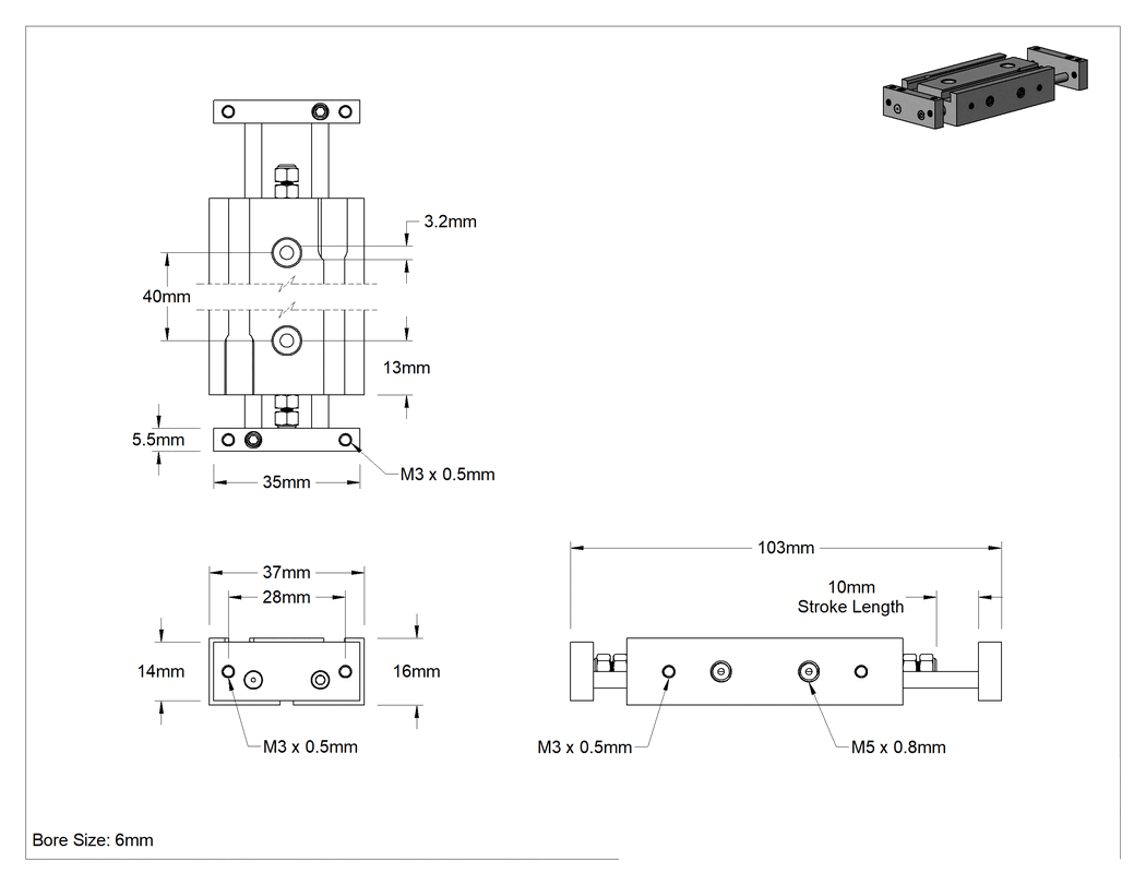 Teknik Çizim - Çift Uçlu Hava Sürgüsü, 6 mm Delik Çapı, 37 mm Genişlik, 10 mm Strok Uzunluğu