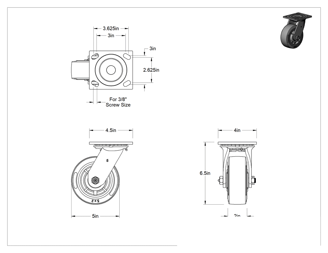 Teknik Çizim - 4-1/2" x 4" Montaj Plakalı Samson Tekerlek, 5" Çaplı Gri Kauçuk Tekerlekli Döner, Açık Rulman