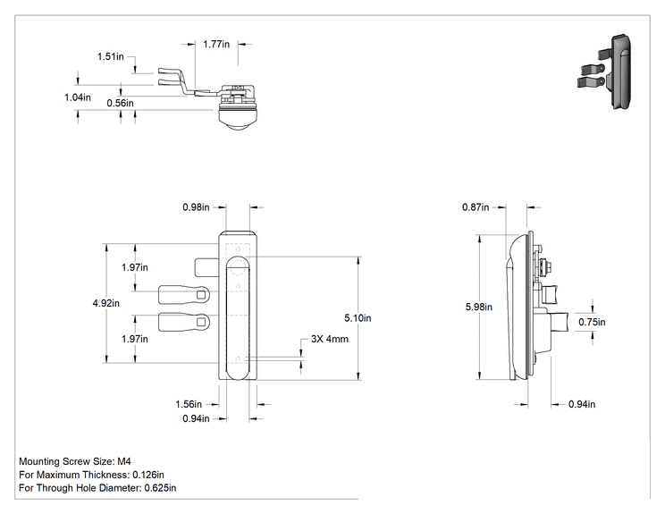 Teknik Çizim - Yıkanabilir Salıncak Kolu Kam Mandalı, 4-5/8" Tutamak Uzunluğu