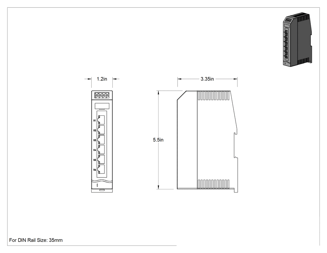 Teknik Çizim - Cihaz Öncelikli Ethernet Anahtarı, Port Yansıtma ve 6 RJ45 Soketli, DIN Rayı Montajı