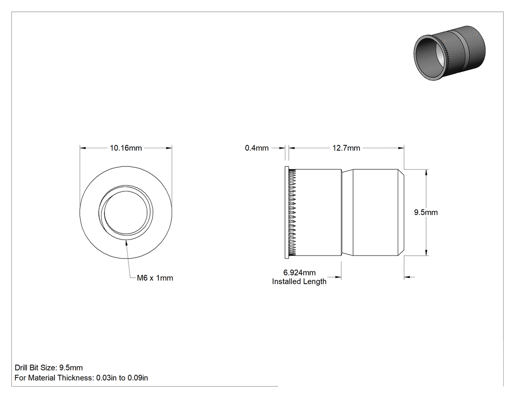 Teknik Çizim - Metrik Düşük Profilli Pop Somun, Kalay-Çinko Kaplı Çelik, M6 x 1 İç Diş, 12.7 mm Uzunluk