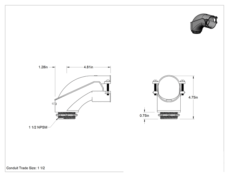 Teknik Çizim - Esnek Metal Kanal için Çinko Adaptör, 90 Derece Dirsek, 1-1/2 Vida Kelepçesi Dişi x NPSM Erkek