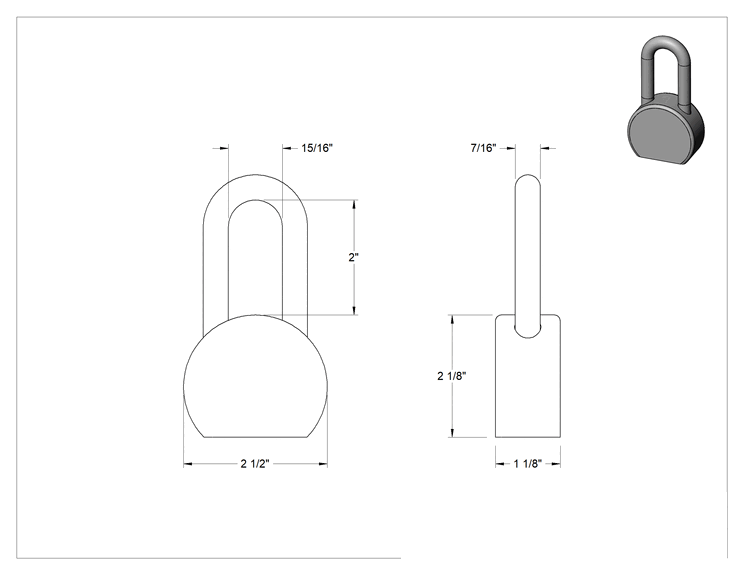 Teknik Çizim - Katı Krom Kaplı Çelik Gövde Asma Kilidi, Ekstra Boşluklu, American Lock 701, 2 inç Dikey Boşluk