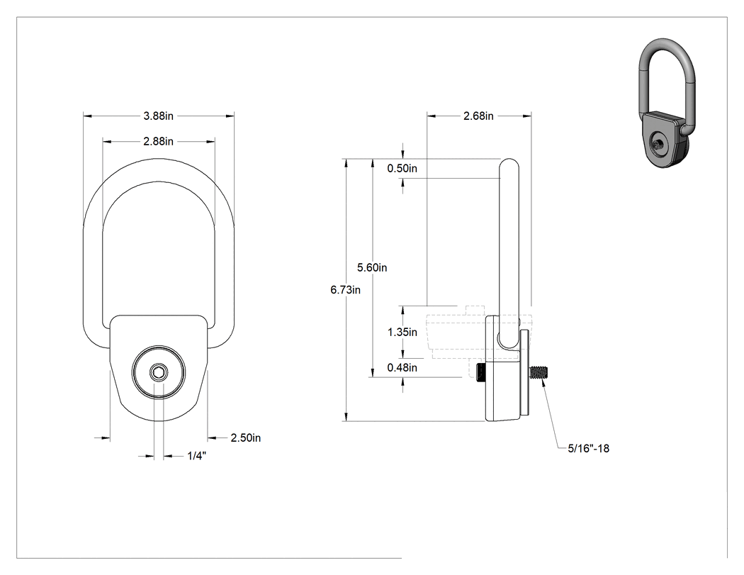 Teknik Çizim - Siyah Oksit Çelik Yan Montajlı Kaldırma Halkası - Kaldırma için, D-Şekli, 5/16"-18 Diş Boyutu, 1/2" Diş Uzunluğu