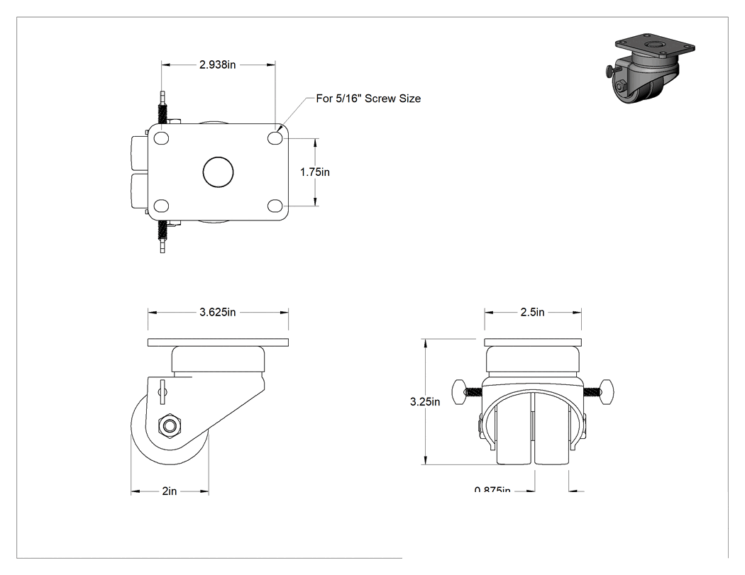 Teknik Çizim - Cart-King Tekerlek, Frenli ve 2 inç Çaplı 80A Durometre Neopren Kauçuk Tekerlekli Döner