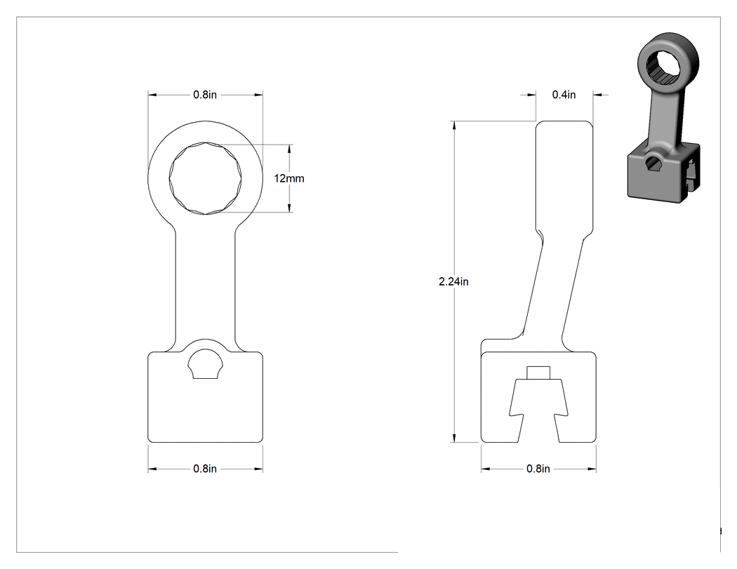 Teknik Çizim - Değiştirilebilir Başlıklı Tork Anahtarı için 12 mm Tahrik Boyutu, Cırcırlı Olmayan Kutu Başlı