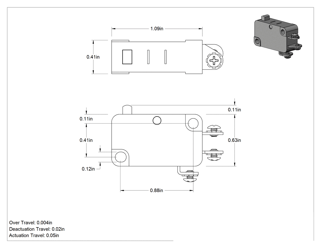 Teknik Çizim - Minyatür Anında Çalışan Anahtar, Piston, Vida Terminalleri, SPDT, 250V AC/125V DC