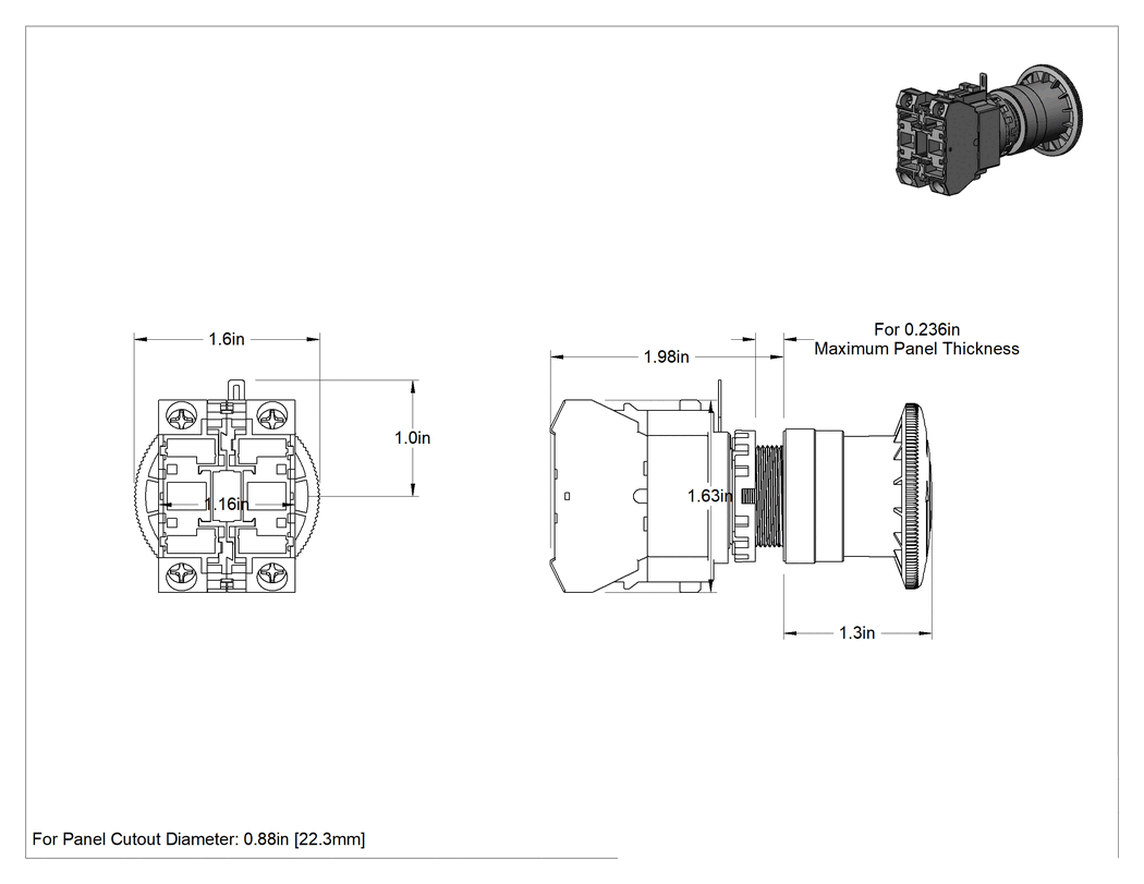 Teknik Çizim - 22 mm Acil Durdurma Panel Montajlı Anahtar, Titreşime Dayanıklı, Düğme, DPST-NC