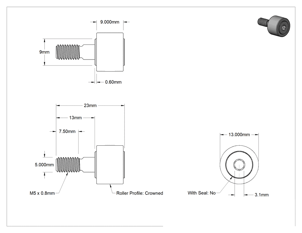 Teknik Çizim - Vidalı Siyah Oksit Çelik Ray Makarası, Contasız Bombeli, 13 mm Çap x 9 mm Genişlikte Silindir