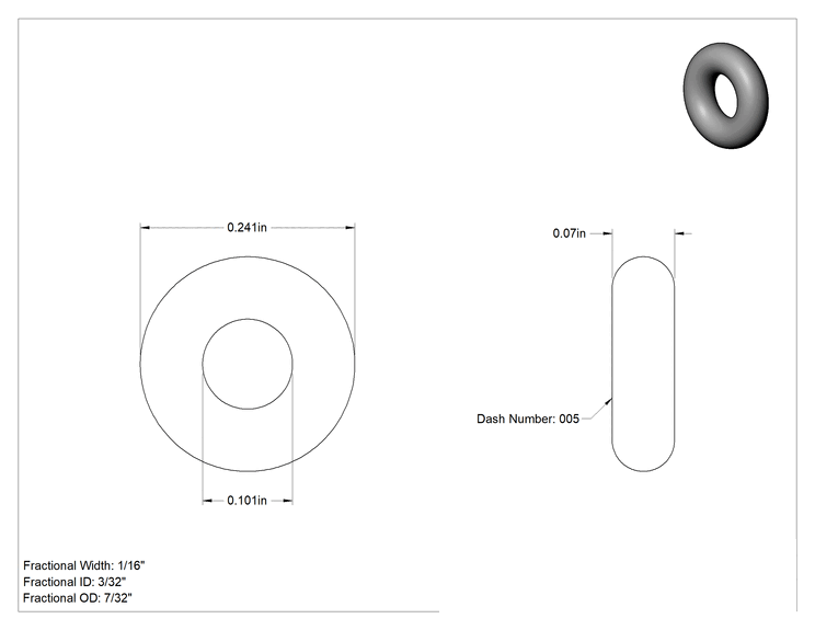 Teknik Çizim - Viton® Etp Floroelastomer O-Ring, Buhar ve Kimyasallara Dayanıklı, 1/16 Kesirli Genişlik, Dash 005