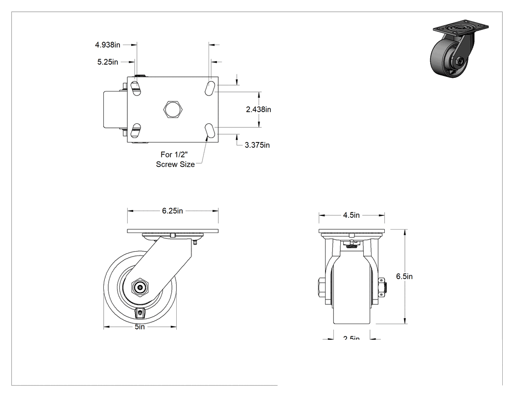 Teknik Çizim - 6-1/4" x 4-1/2" Plakalı Viking Tekerlek, Yüksek Kapasiteli, 5" Çaplı Demir Tekerlekli Döner Tekerlek