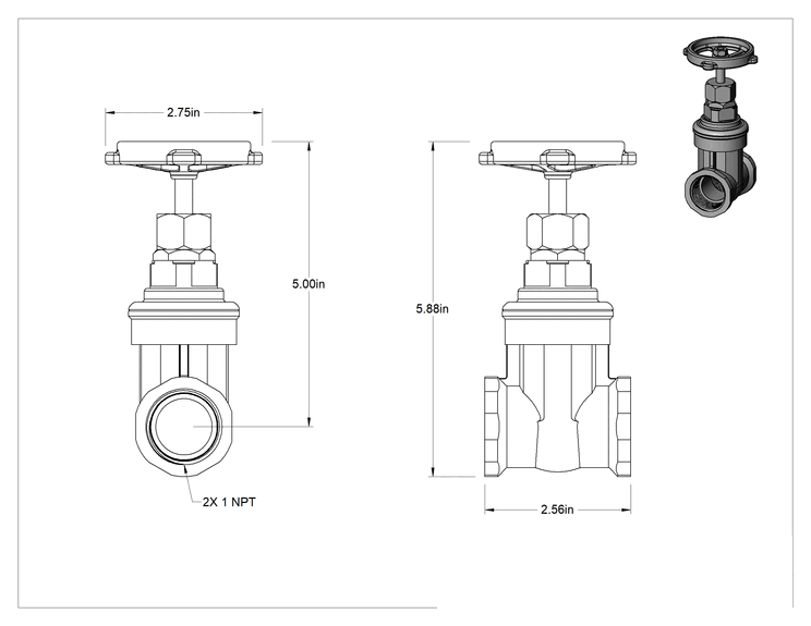 Teknik Çizim - Bronz Gövde ve Sürgülü Kademeli Açma/Kapama Vanası, Tekerlek Kolu ve Yükselmeyen Mil, Sınıf 125, 1 NPT Dişi