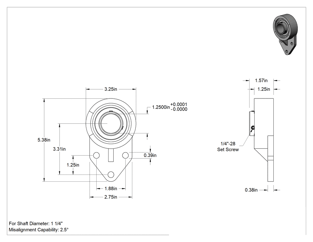 Teknik Çizim - Gıda ve İçecek Sektörü için Monte Edilmiş Bilyalı Rulman, 3 Cıvatalı Flanş, Paslanmaz Çelik, 1-1/4" Mil, 3-5/16" Merkez Yüksekliği