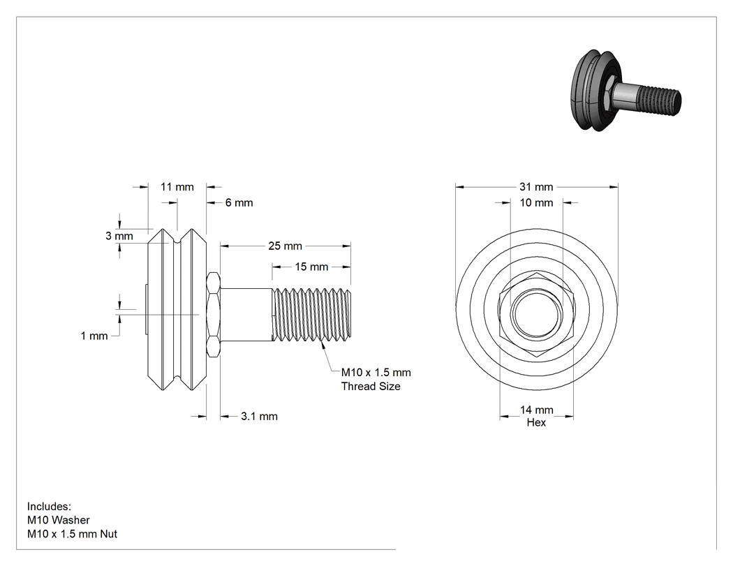 Teknik Çizim - Hijyenik Dişli V-Oluklu Ray Makarası, Ayarlanabilir Omuzlu, 31 mm Çap x 11 mm Genişlikte Silindir