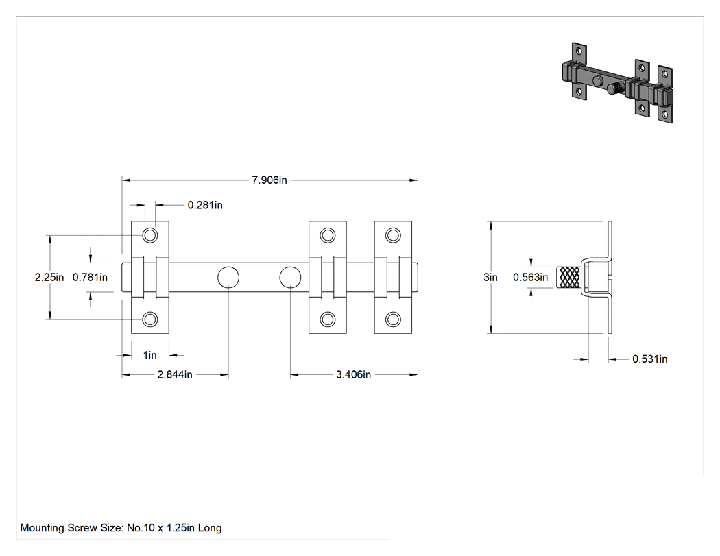 Teknik Çizim - Kayan Cıvata Mandalı, Boyalı Çelik, 3" Yükseklik x 8" Genişlik