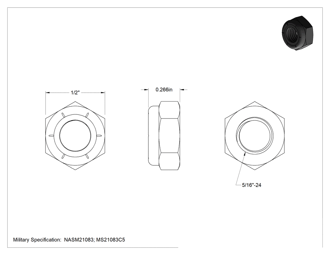 Teknik Çizim - Mil. Spec. İnce Profilli Naylon Ekli Kilit Somunu, 5/16"-24 Diş Boyutu, 1/2" Genişlik, 17/64" Yükseklik, MS21083C5