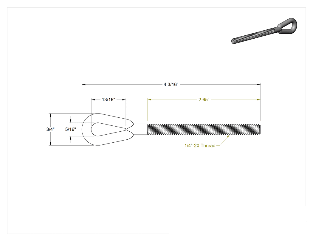 Teknik Çizim - 316 Paslanmaz Çelik Gerdirme - Kaldırma Amaçlı Değil, Sadece Dövme Oval Göz Uçlu Bağlantı Parçası, 1/4"-20 Sol Diş