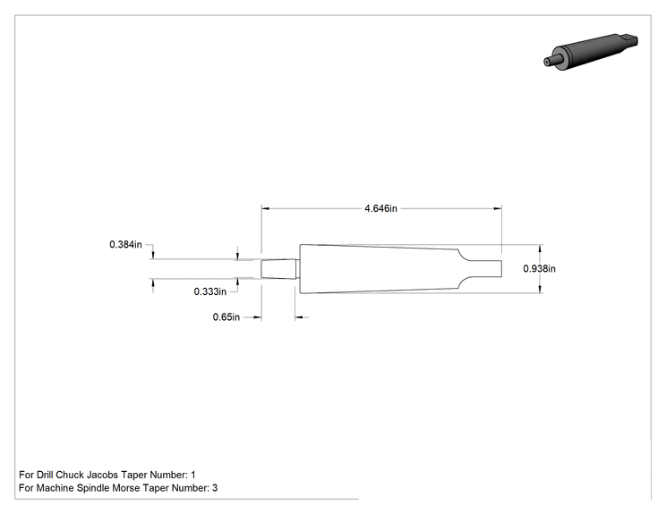 Teknik Çizim - Matkap Mandreni, 3 Numaralı Morse x 1 Numaralı Jacobs için, 4-41/64" Toplam Uzunluk