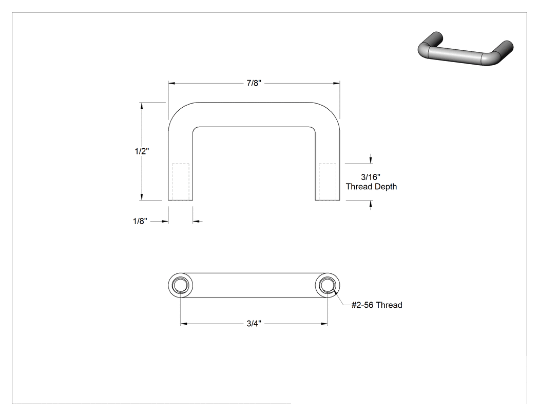 Teknik Çizim - Dişli Delik Montajlı Yuvarlak Çekme Kolu, Minyatür, Eloksallı Alüminyum, 3/4" Merkezden Merkeze Genişlik
