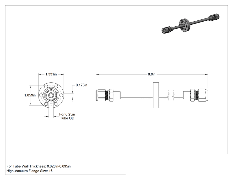 Teknik Çizim - Yüksek Vakum Odaları için Duvar Geçişli Bağlantı Parçası, 1-21/64" Flanş Dış Çapı, Ultra Yüksek Vakum için, 8" Uzunluk