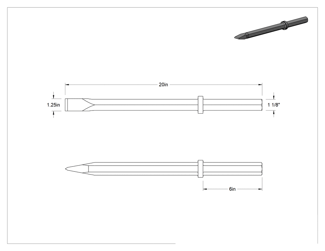Teknik Çizim - Kaldırım Kırıcı Çekiçler için Keski Ucu, 1-1/8" Altıgen Şaft, 1-1/4" Genişlikte Düz Bıçak, 20 inç Toplam Uzunluk