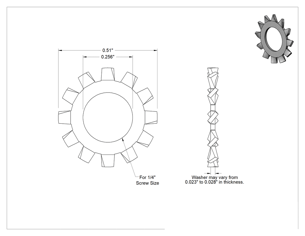 Teknik Çizim - 18-8 Paslanmaz Çelik Dış Dişli Kilit Pulları, Siyah Oksit, 1/4" Vida Boyutu için, 0.256" İç Çap, 0.510" Dış Çap