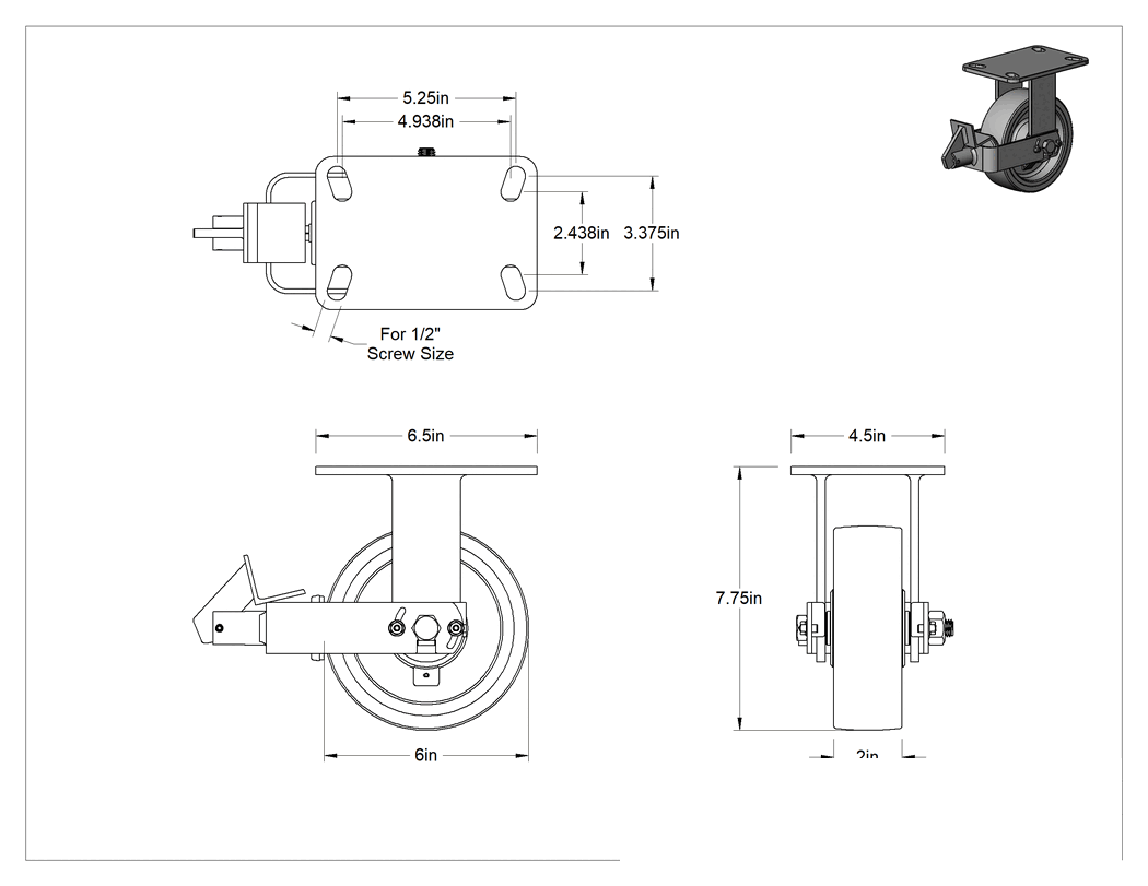 Teknik Çizim - 6-1/2" x 4-1/2" Plakalı Yüksek Kapasiteli Kingston Tekerlek, Frenli ve 6" Çapında Mavi Poliüretan Tekerlekli Sert