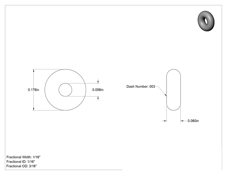 Teknik Çizim - Yüksek Sıcaklık Temiz Oda Silikon O-Ring, 1/16 Kesirli Genişlik, Dash Numarası 003