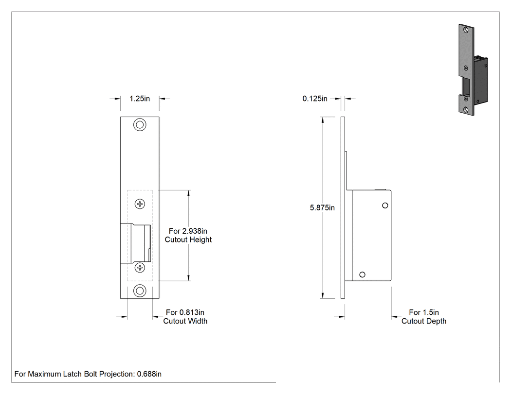 Teknik Çizim - Elektrikli Kapı Kilit Plakası, Rofu 1510-01, Krom