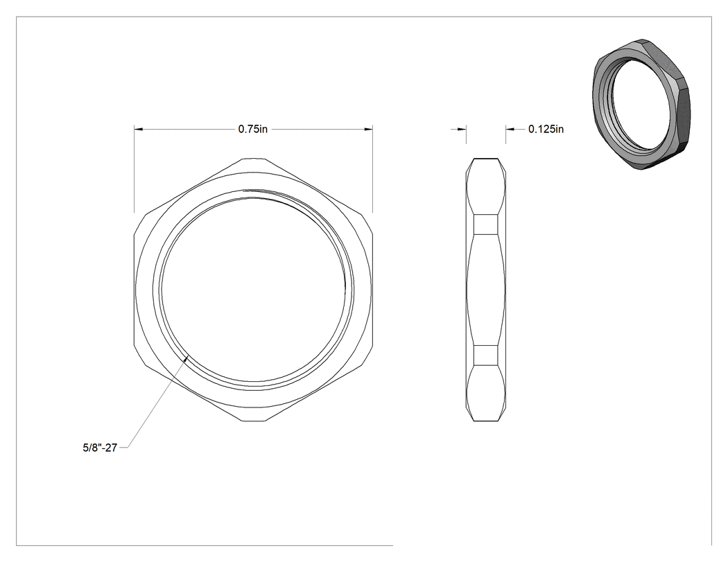 Teknik Çizim - Paslanmaz Çelik Altıgen Panel Somunu, 5/8"-27 UNS, 1/8" Yükseklik